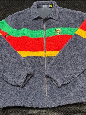 Polo by Ralph Lauren Navy Sherpa Jacket with Green, Red & Yellow Stripes